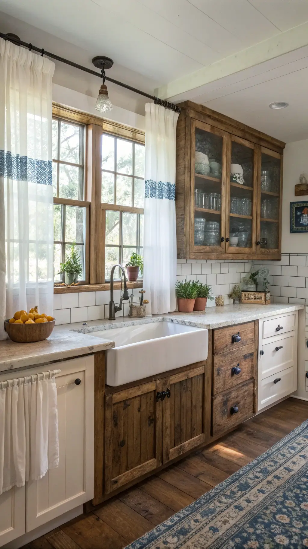 Small cottage kitchen with rustic wood lower cabinets, white upper cabinets, vintage blue and white china in glass-front display, subway tile backsplash under morning light, center farmhouse sink under a window with linen café curtains, and a butcher block island with fresh herbs, shot from 45-degree corner angle.