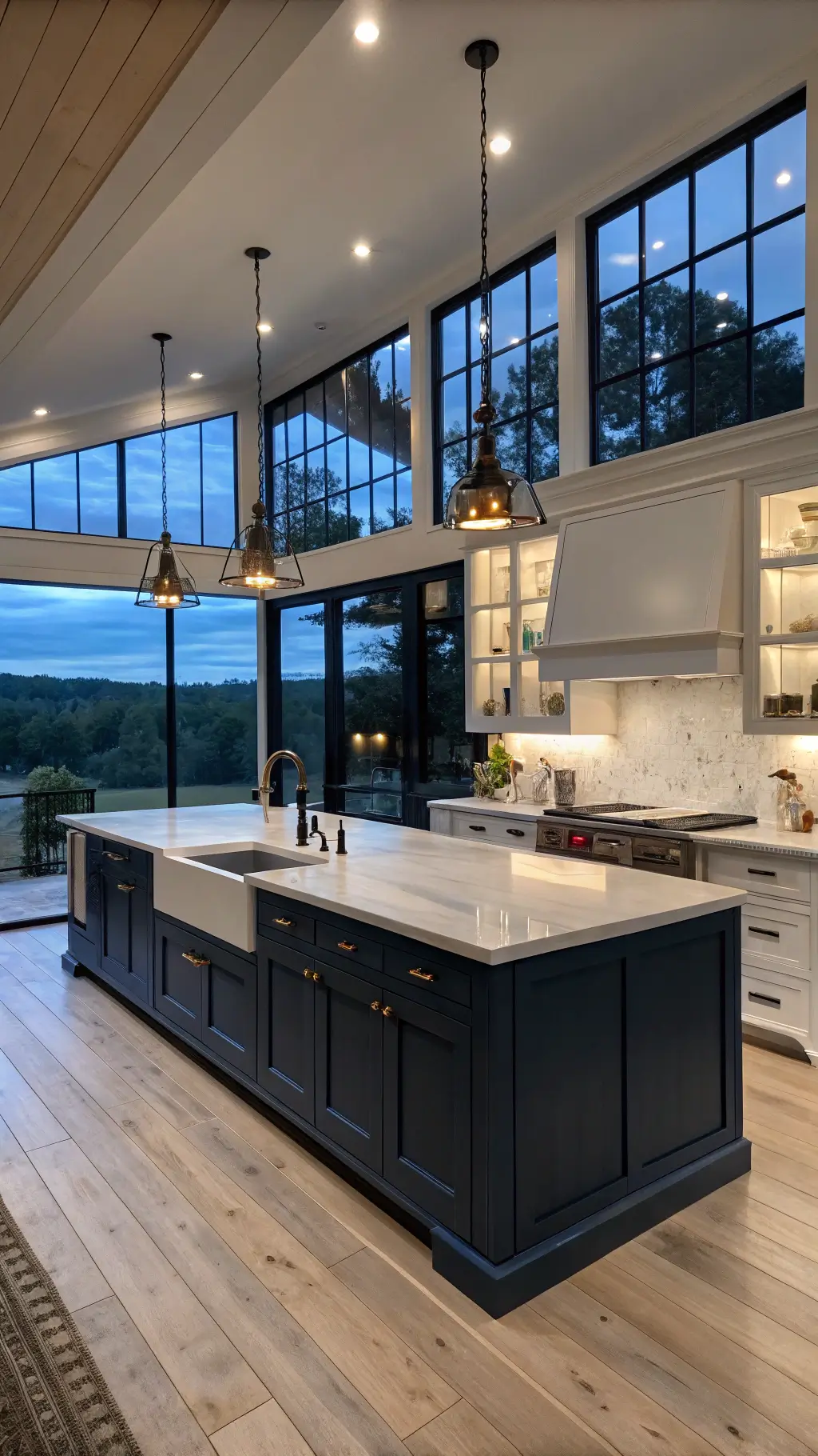Modern farmhouse kitchen with naval blue and cloud white cabinet scheme, oversized island with soapstone countertop, black steel windows with pastoral views, and brass pendants casting warm light.