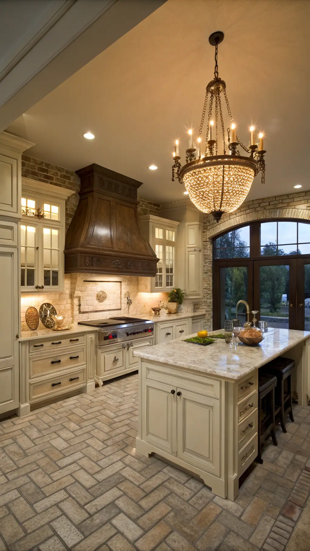 Traditional farmhouse kitchen at twilight with cream cabinets, copper range hood, butler's pantry, black center island, and herringbone brick floors under a crystal chandelier.