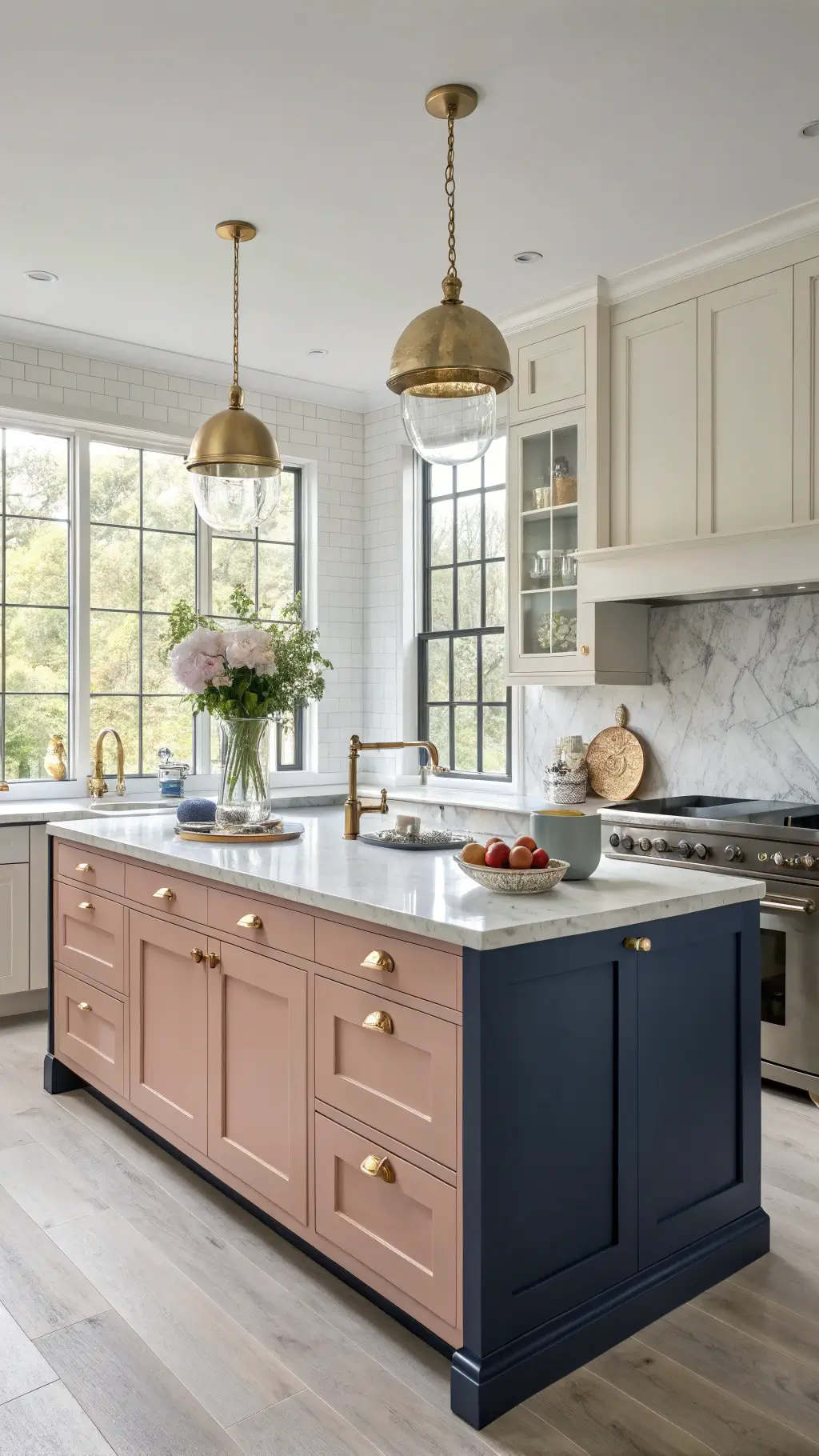 L-shaped kitchen with dusty rose cabinets and navy blue island, highlighted by afternoon sunlight and brass pendant lights, featuring a marble-top island, white oak floors, and bright windows. The scene is styled with copper cookware, navy and white textiles, and fresh flowers in clear vases.