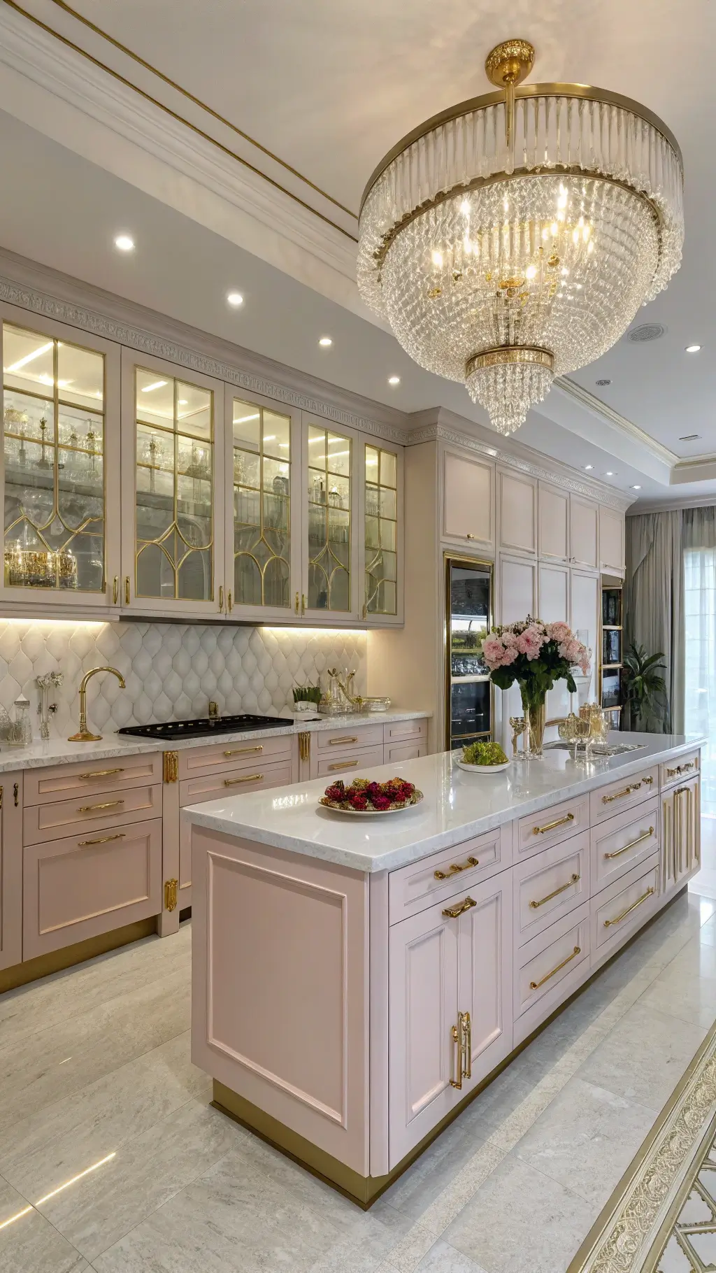 Glamorous chef's kitchen with ballet pink cabinets, gold hardware, crystal chandelier, floor-to-ceiling cabinets with interior lighting, mirrored accents, metallic cookware, and white orchids in gold vessels.