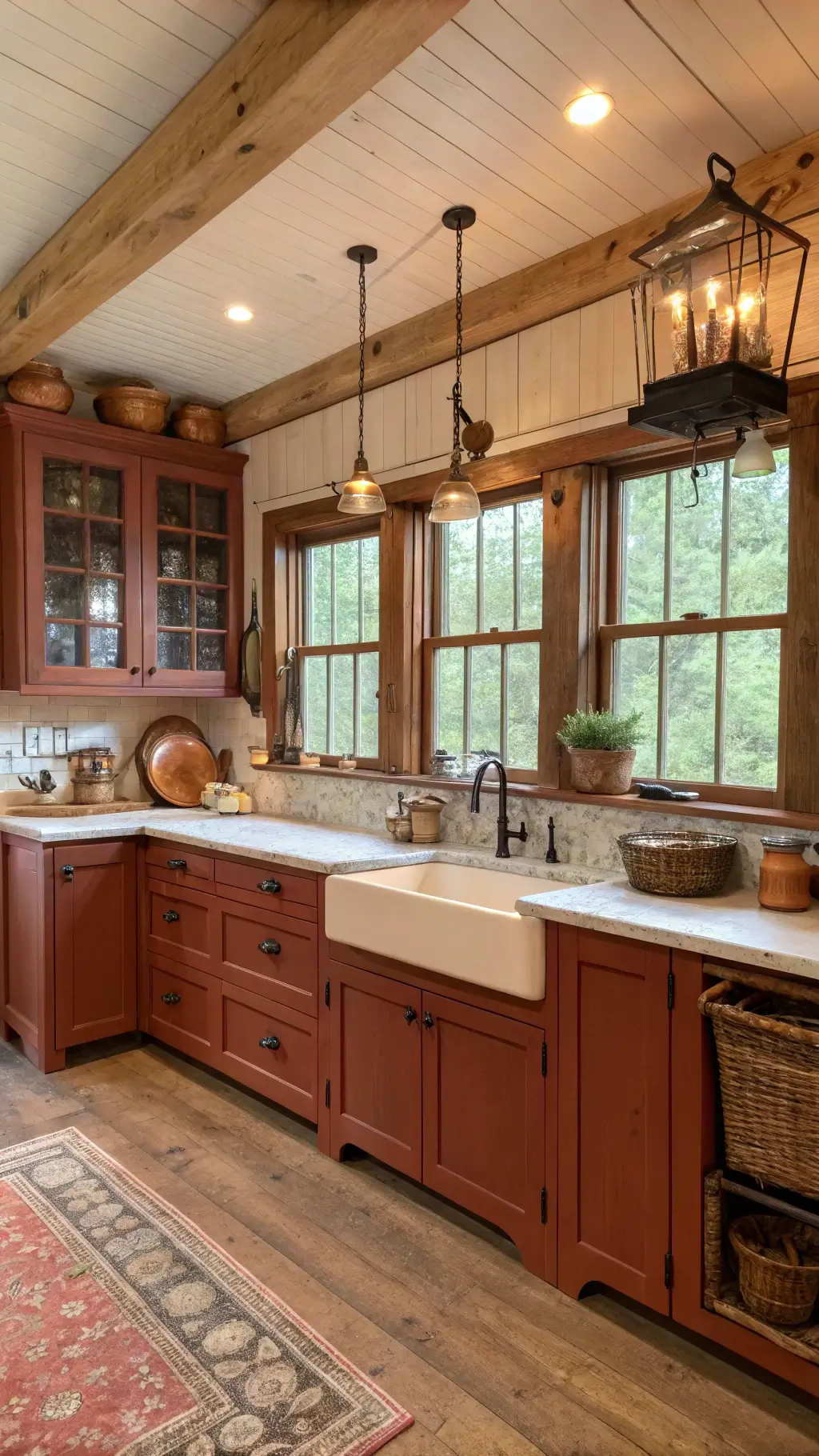 A cozy farmhouse kitchen with rust-red distressed cabinets, shiplap walls, exposed wooden beams, hanging vintage copper pots, cream marble countertops with antique decor, and natural oak flooring, bathed in the golden hour light.