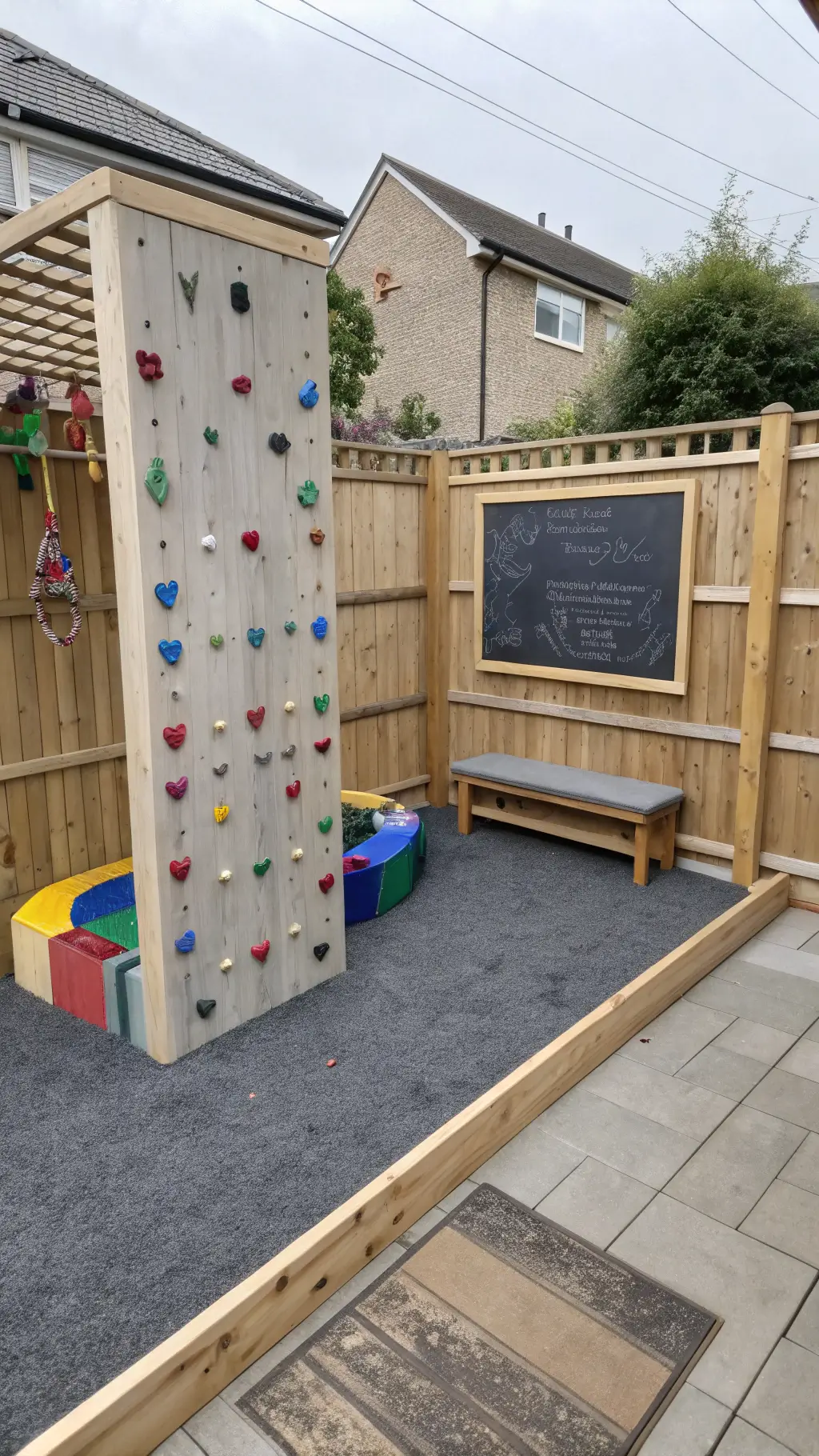 Midday view of a child-friendly 10x12ft play zone with a custom-built 6ft muted rainbow-colored climbing wall, speckled gray rubber safety flooring, a charcoal gray mounted magnetic chalkboard, and a concealed storage bench in weather-resistant teak for toys.