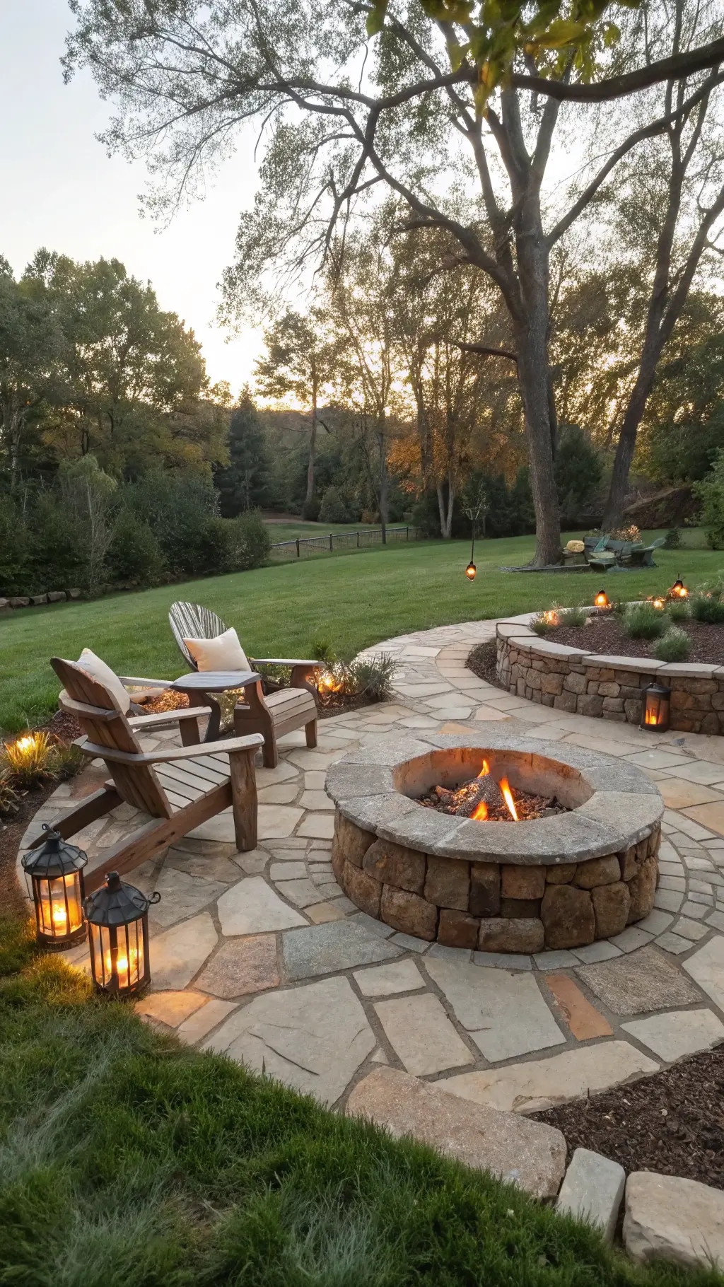 Circular stone fire pit with Adirondack chairs in spacious backyard at golden hour, framed by mature oak trees.