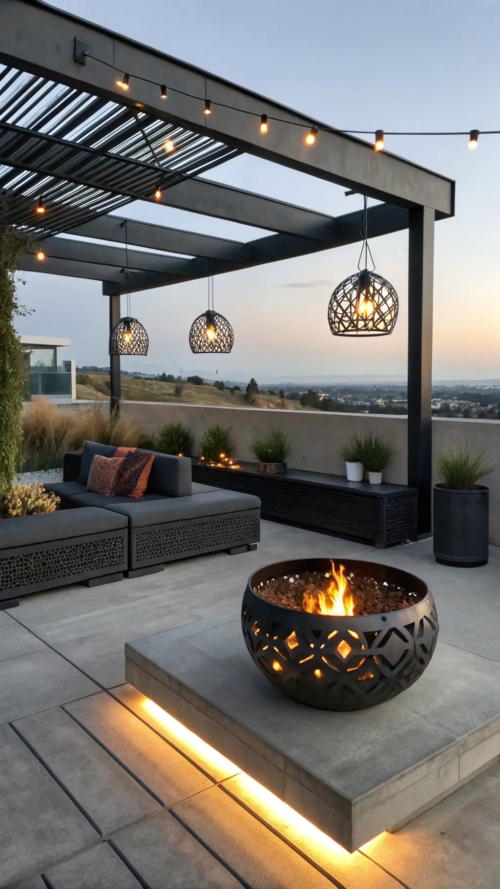Modern black steel fire bowl with geometric cutouts on concrete patio at twilight, surrounded by minimalist concrete planters and charcoal L-shaped sectional with industrial pendant lights hanging overhead.