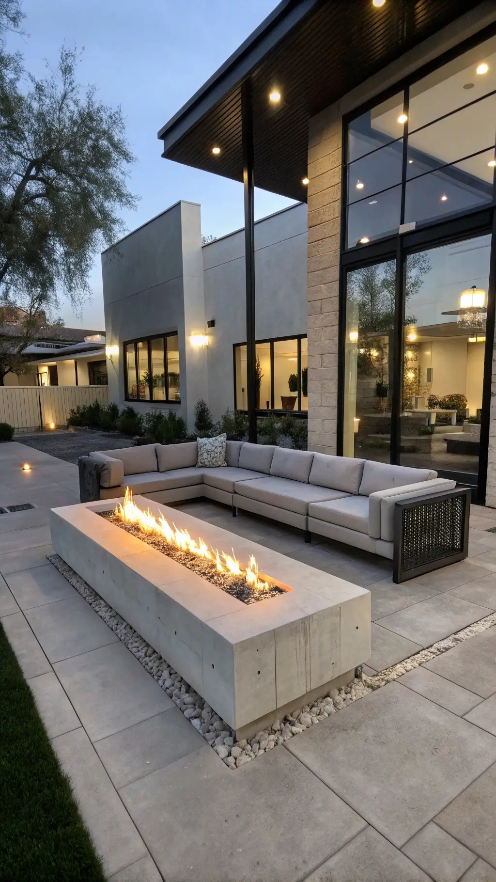 Concrete fire feature in contemporary courtyard at dusk, with modular seating, LED strip lighting, and oversized pavers in monochromatic palette