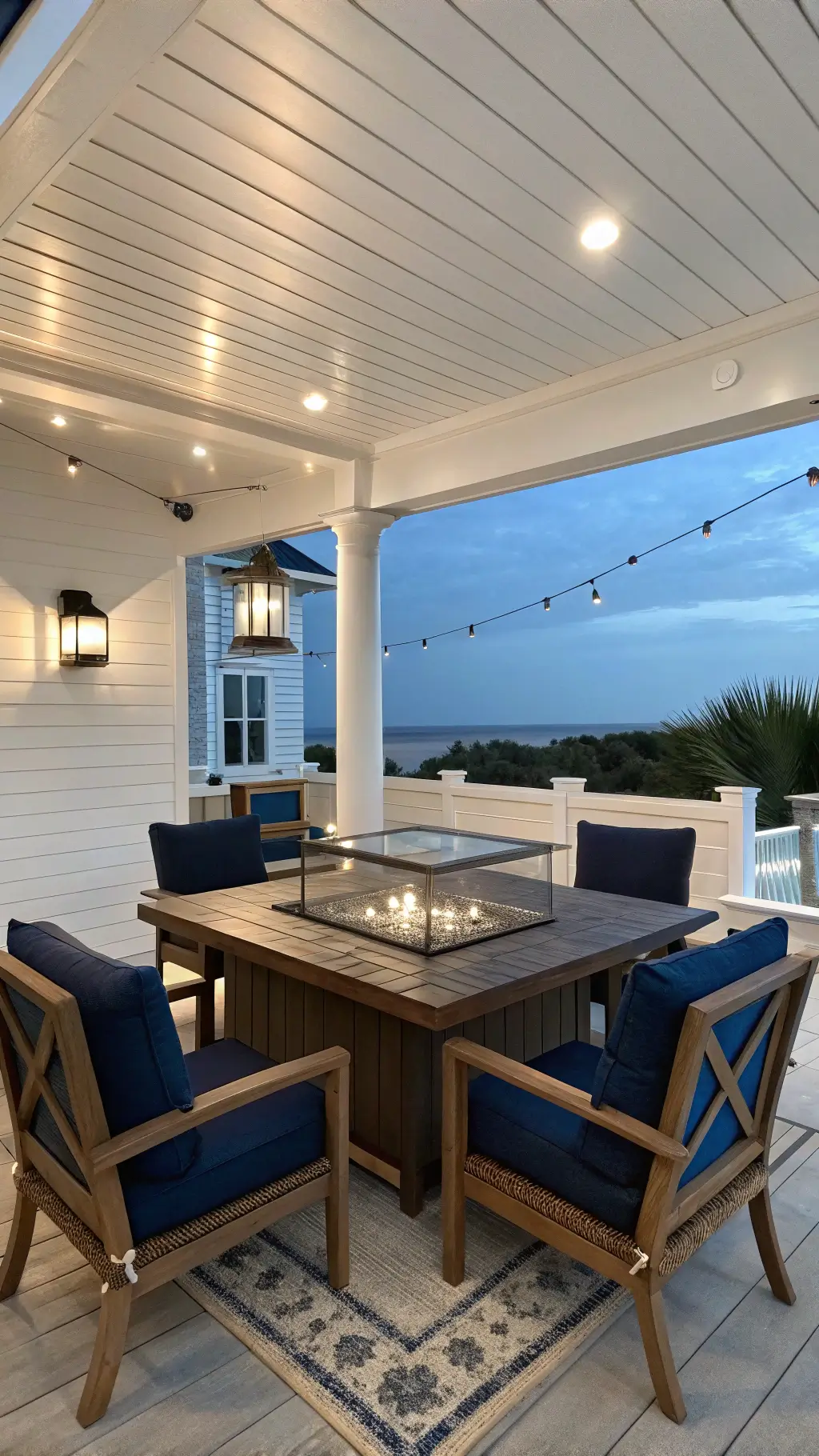Fire table with glass guard on a coastal themed covered terrace with teak chairs and navy cushions, decoratively illuminated during blue hour.