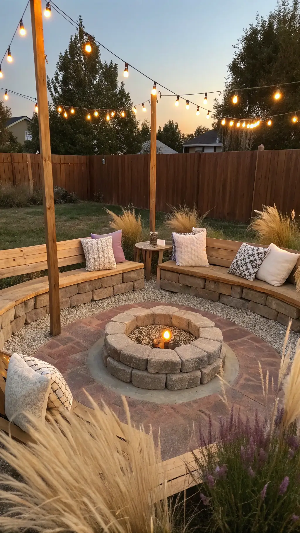 Stacked stone paver fire pit with circular design in a garden setting at sunset, surrounded by rustic wooden benches with pillows and lavender plants, with string lights draped overhead, all in warm beige, lavender, and soft gold tones.