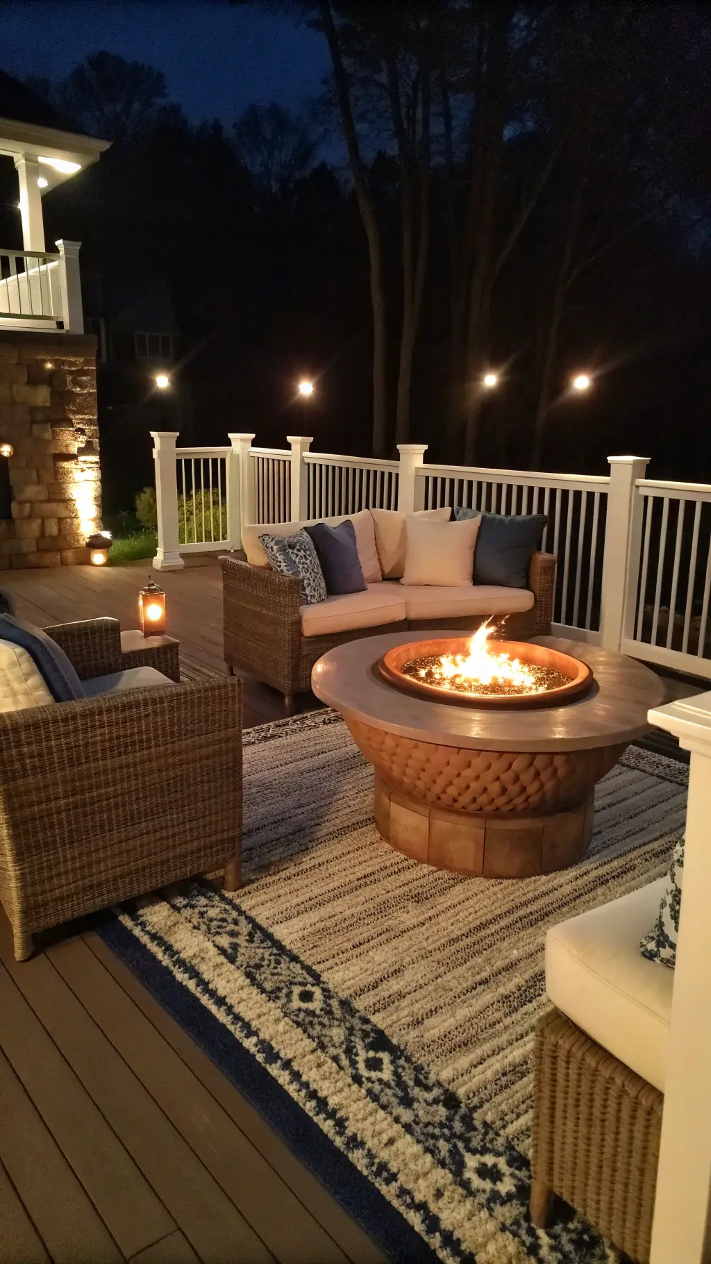Elevated fire pit lounge on multi-level deck at night with stone veneer gas pit, deep-seated wicker furniture, integrated warm white LED lighting, and navy, copper, and cream decor.