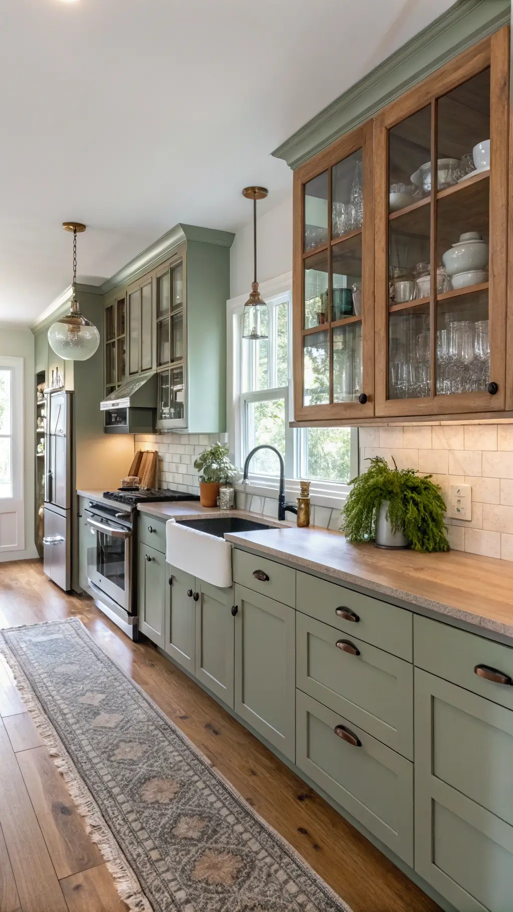 Bright and cozy galley kitchen with sage green Shaker cabinets, natural wood accents, glass-front upper cabinets showcasing vintage ironstone, polished nickel fixtures, mercury glass pendants, white oak floating shelves, and vintage runner in deep reds and blues.