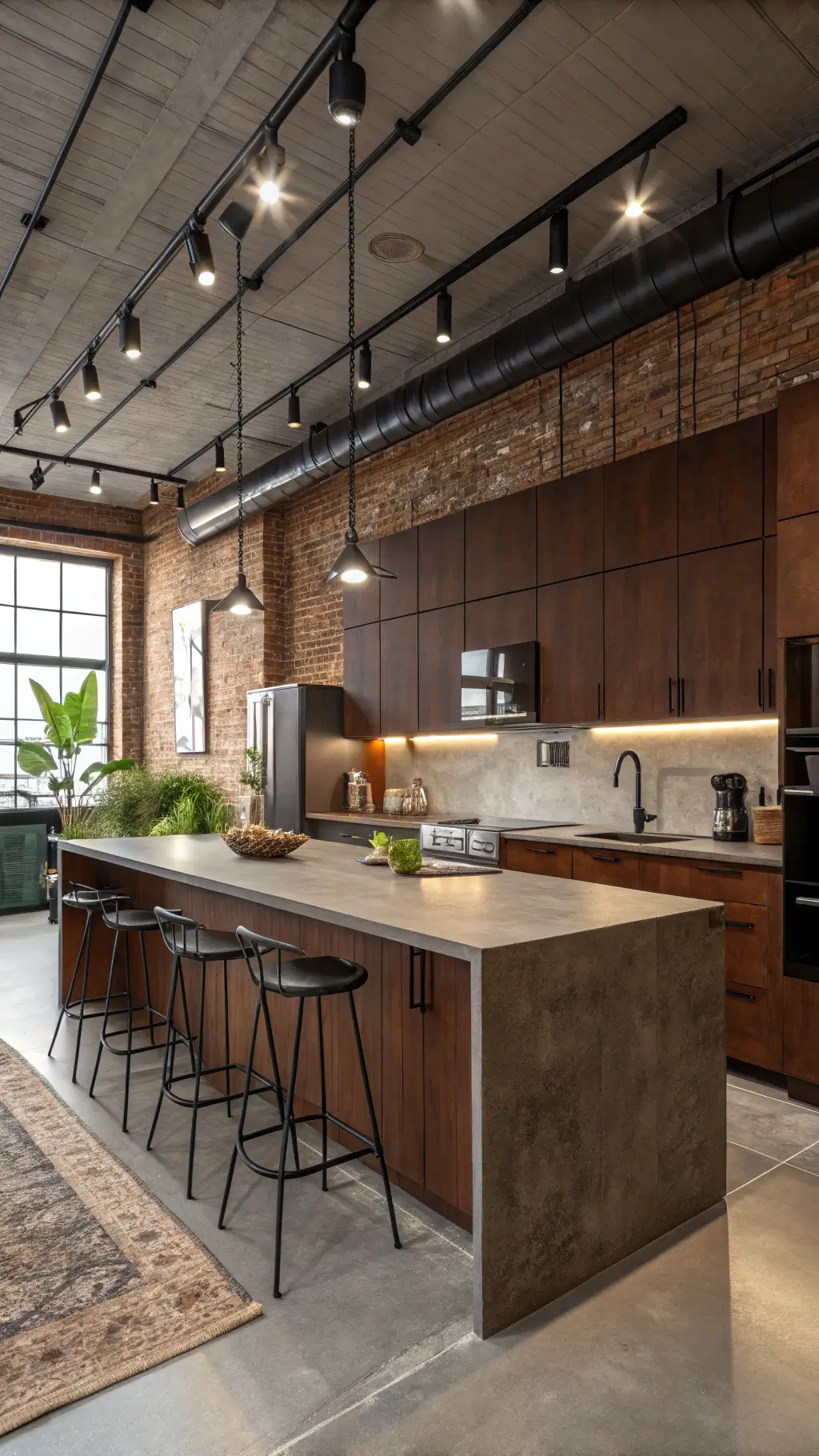 Loft-style kitchen with rich brown cabinets, concrete countertops, stainless steel accents, exposed brick wall, minimalist black accessories, sculptural plants, and metal bar stools with focused track lighting.
