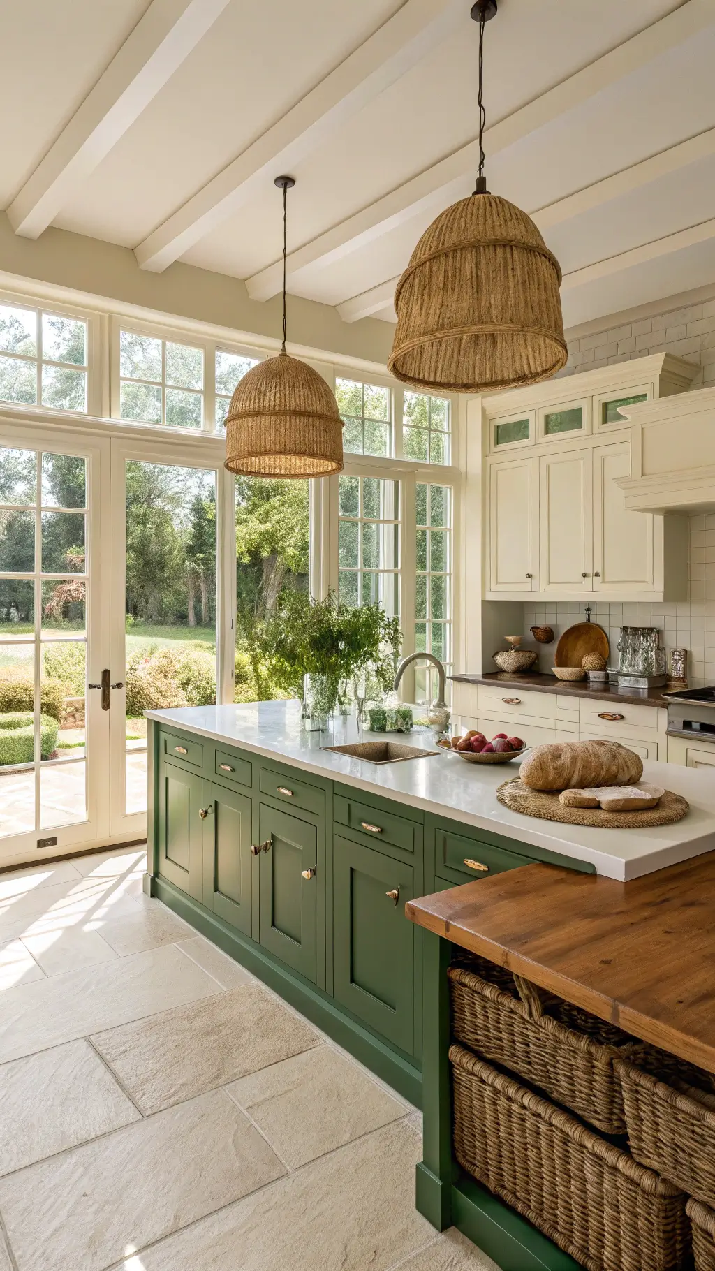 Bright sunlit breakfast kitchen with emerald and cream cabinets, white oak island, rattan pendant lights, vintage bread boards and pottery, with a view of the garden through floor-to-ceiling windows.