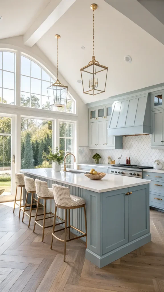 "Sun-drenched, airy modern kitchen with powder blue cabinets, white quartz countertops, herringbone oak floors, and decorative vases at golden hour"