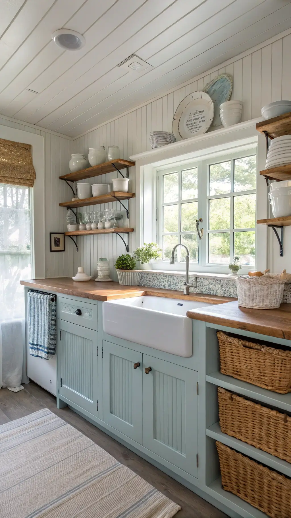 Intimate coastal cottage kitchen with powder blue beadboard cabinets, butcher block counters, white subway tile backsplash, and rustic accents in morning light.
