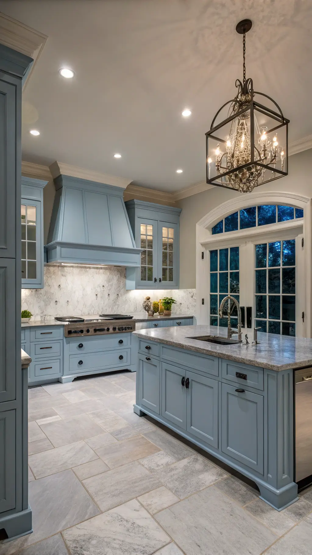Modern spacious kitchen with blue inset cabinets, grey marble countertops, custom range hood and crystal chandelier over large island, photographed at blue hour.