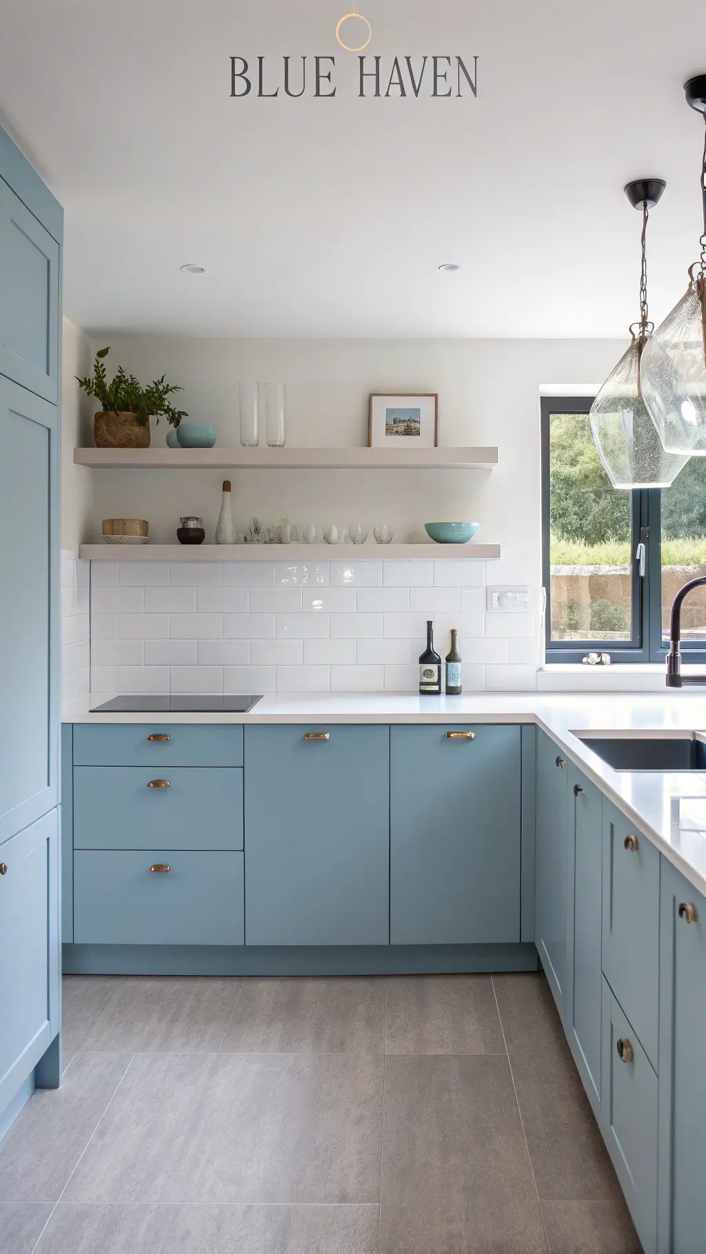 Minimalist powder blue kitchen with white counters, displaying monochromatic ceramics on floating shelves, illuminated by early morning light from a frosted glass pendant in a 45-degree angled overhead shot, showcasing peaceful minimalism.