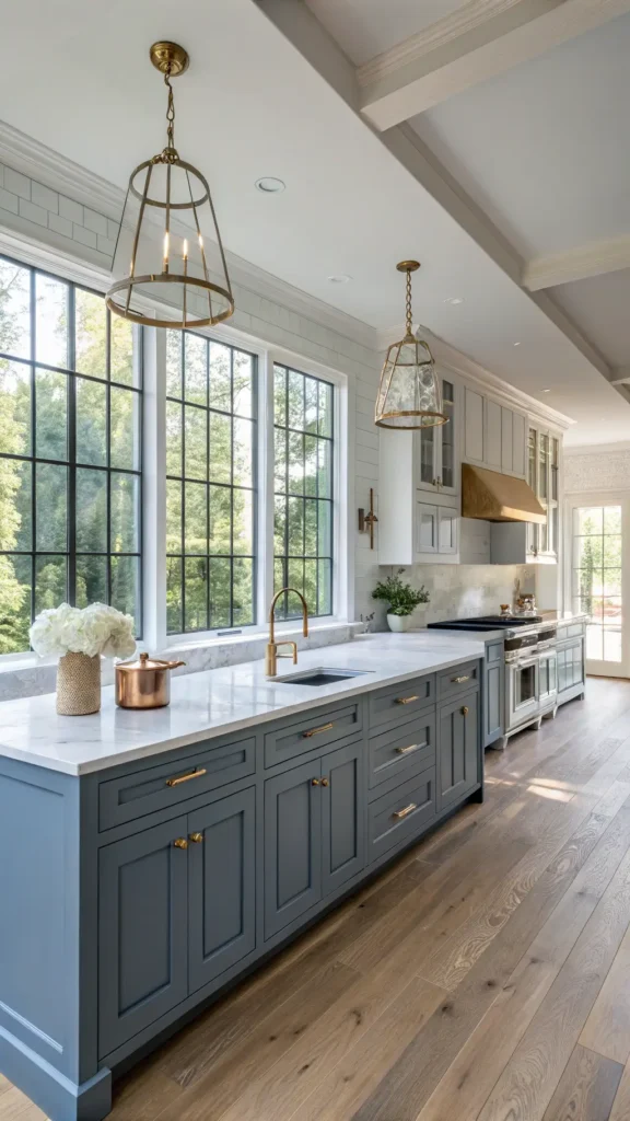 "Spacious kitchen with blue-grey shaker cabinets, white marble waterfall island, brass pendant lights, and white oak flooring, enhanced with ceramic art, vintage copper kettle, and fresh eucalyptus in a cream vase, bathed in morning light."