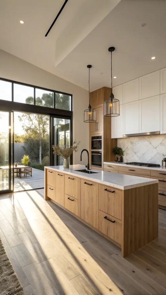 "Sunlit modern kitchen with light oak cabinets, black hardware, quartz island, white ceramic vase with eucalyptus, espresso machine, open shelving, and brass pendant lights, captured at golden hour"