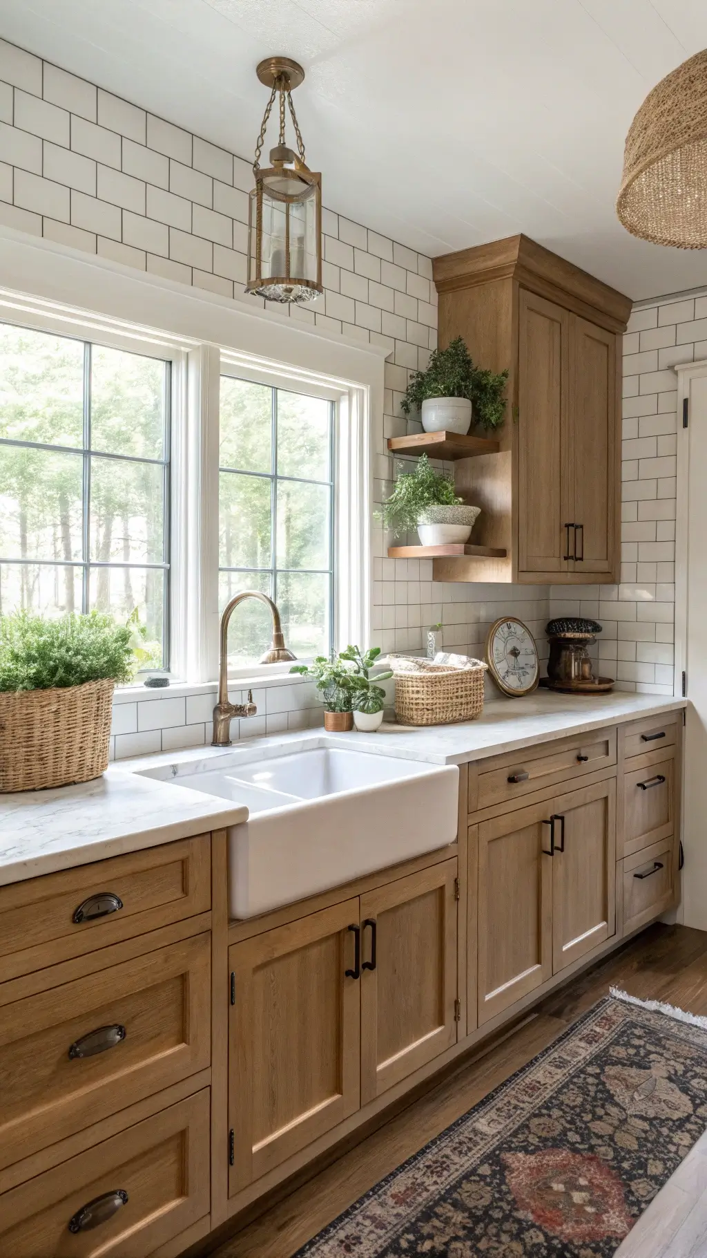 Morning-lit farmhouse kitchen with shaker-style light oak cabinets, cream marble countertops, white subway tile backsplash, vintage scales and potted herbs, showcasing a ceramic farmhouse sink with bronze faucet under a window.