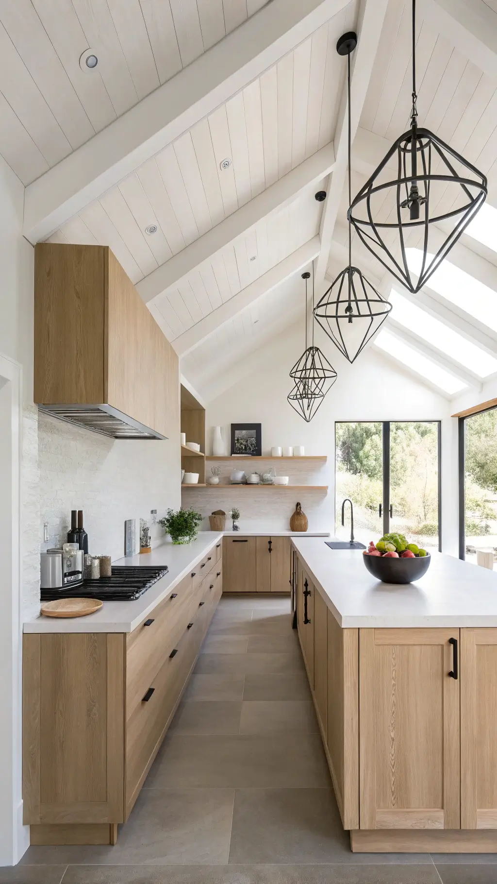 14x16ft Scandinavian oak kitchen with vaulted ceiling, light oak slab cabinets, pale concrete countertops, geometric pendant lights, and minimalist styling, shot during bright midday.
