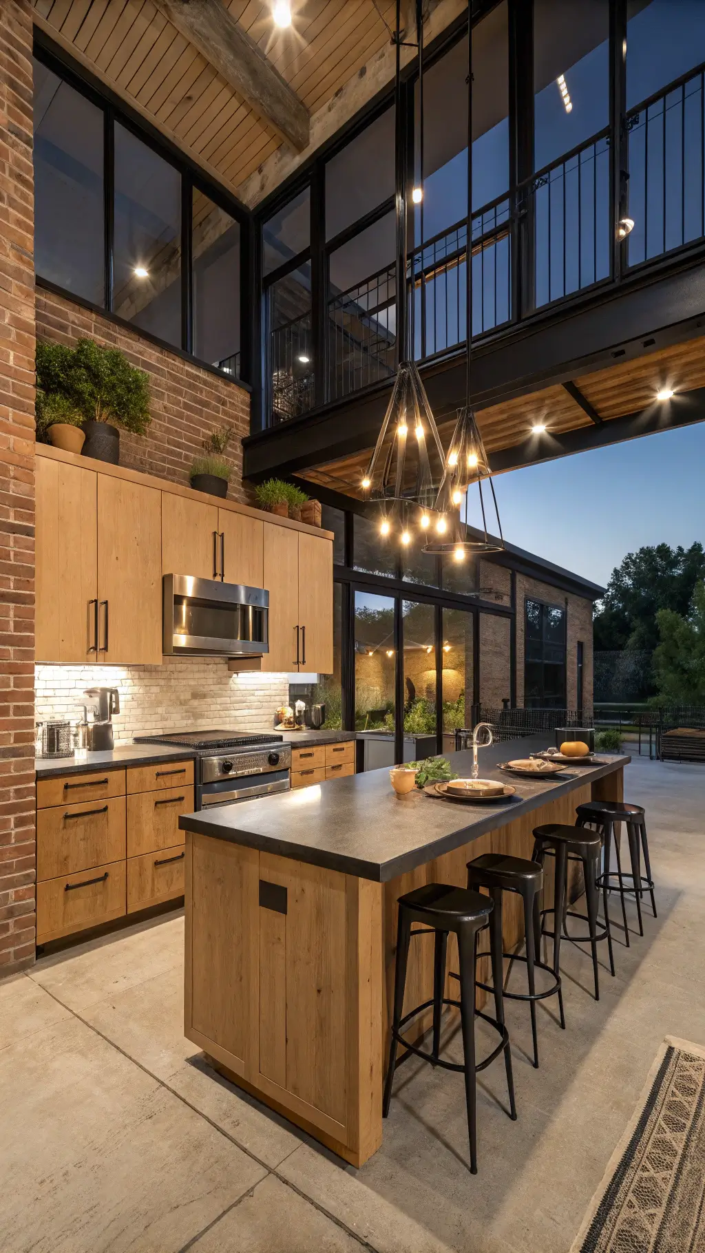 Dusk view of spacious 16x22ft open-concept kitchen with light oak cabinets, black metal frames, exposed brick wall, concrete countertops and stainless steel appliances, accentuated by warm, moody lighting and vintage Edison bulb chandelier; styling includes copper cookware, industrial bar stools and potted fiddle leaf fig.