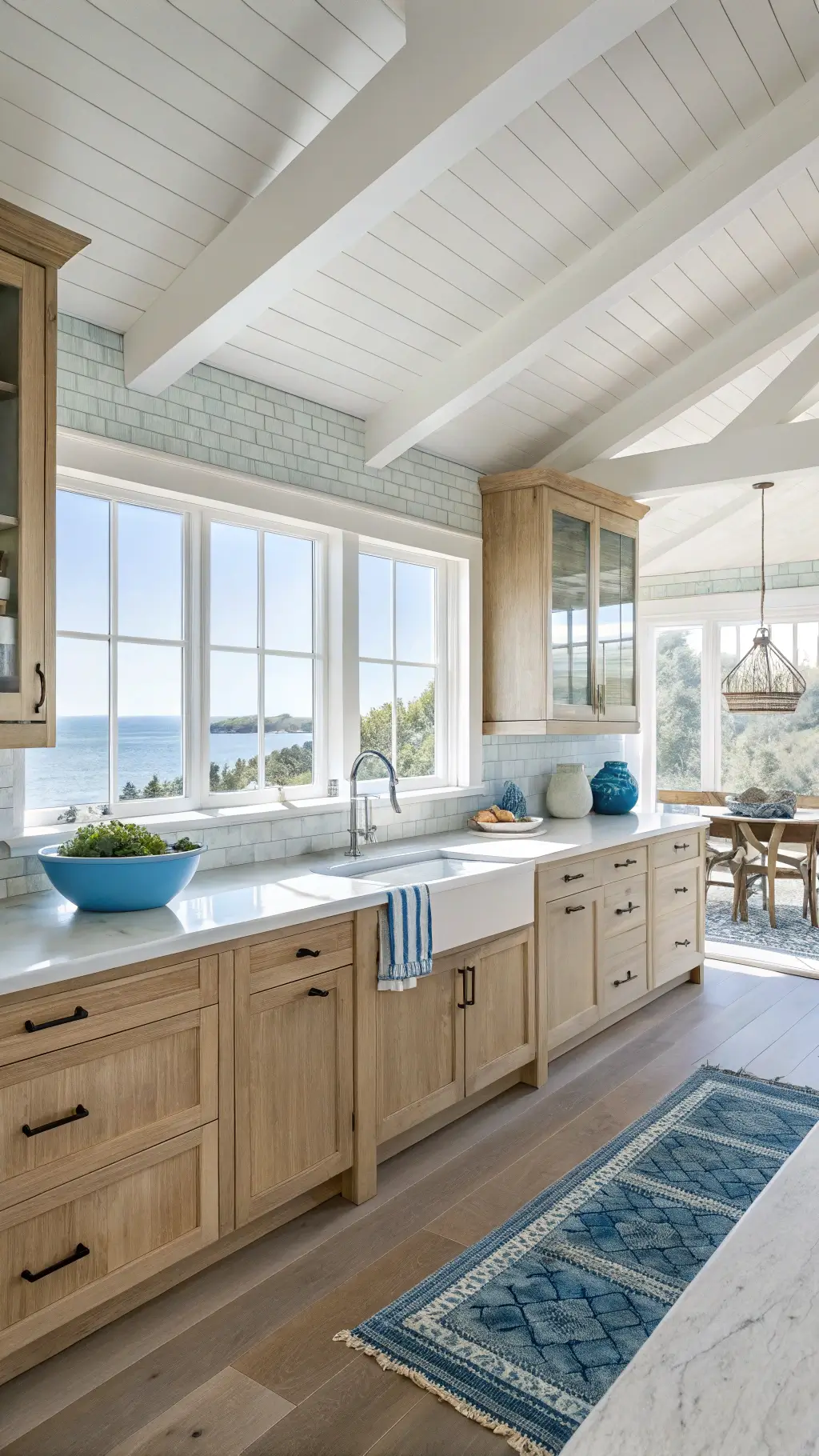 Bright kitchen with light oak cabinets, white quartz countertops, blue glass tile backsplash and ocean view through a large picture window; details include glass fishing floats and blue-striped textiles with an overall color palette of sandy oak, ocean blue, and crisp white.
