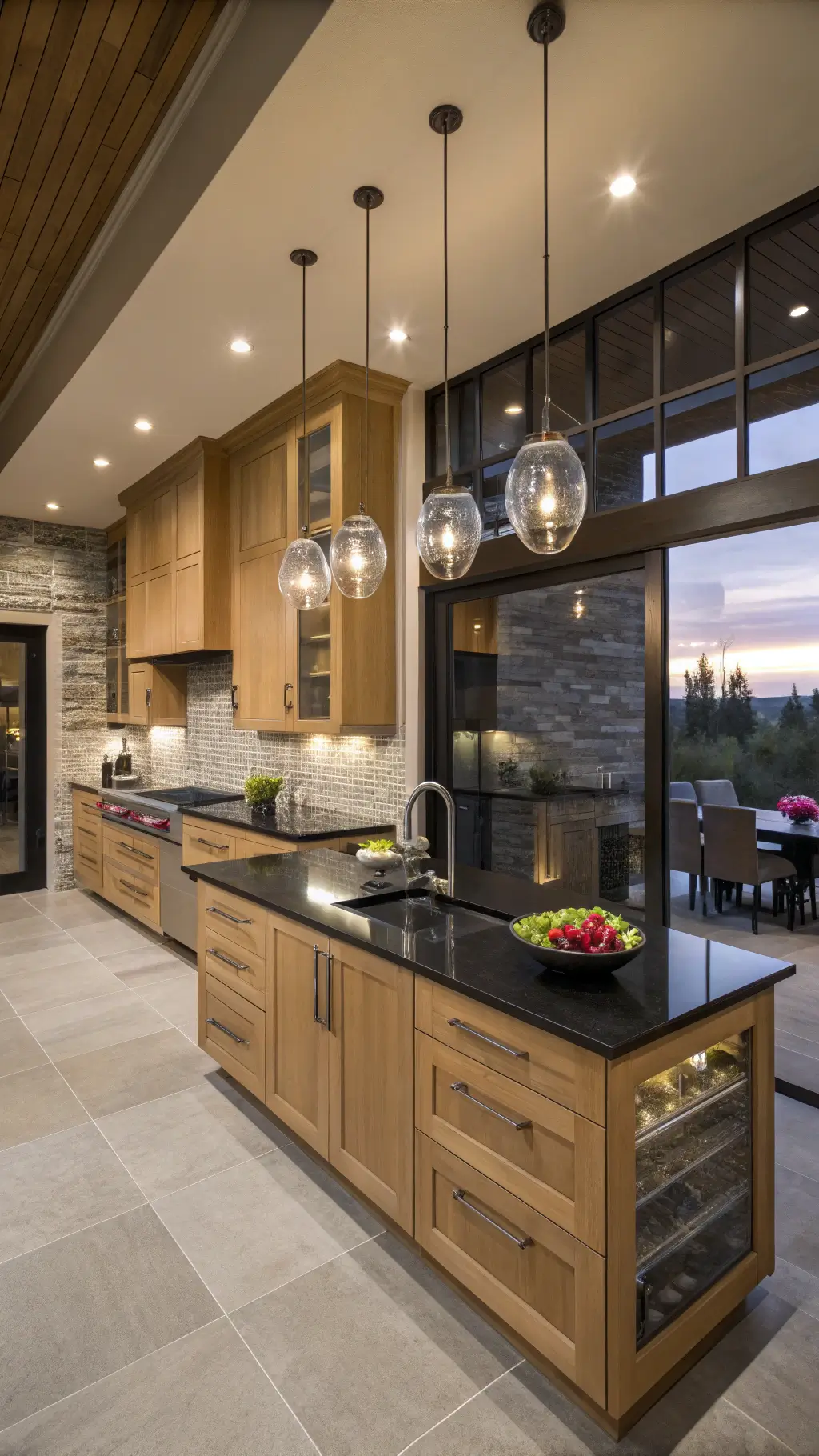 A contemporary 18x20ft kitchen at twilight featuring light oak cabinets with integrated handles, black stone countertops, metallic tile backsplash, and a cluster of modern glass pendant lights. Accents include an orchid arrangement, wine display, and an architectural fruit bowl. The color palette includes honey oak, jet black, champagne metallic, and white.