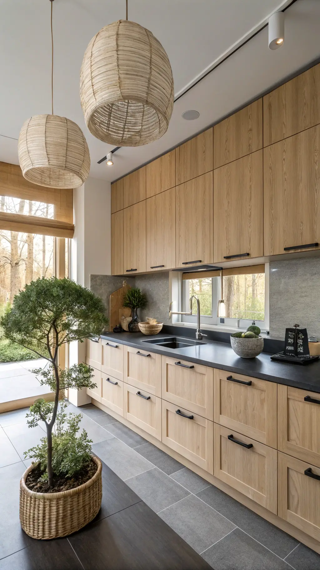Serene Japanese-inspired oak Zen kitchen at dawn featuring light oak cabinets, dark soapstone countertops, bamboo shades, bonsai tree, and ceramic tea set with a color palette of natural oak, charcoal, cream, and sage green.
