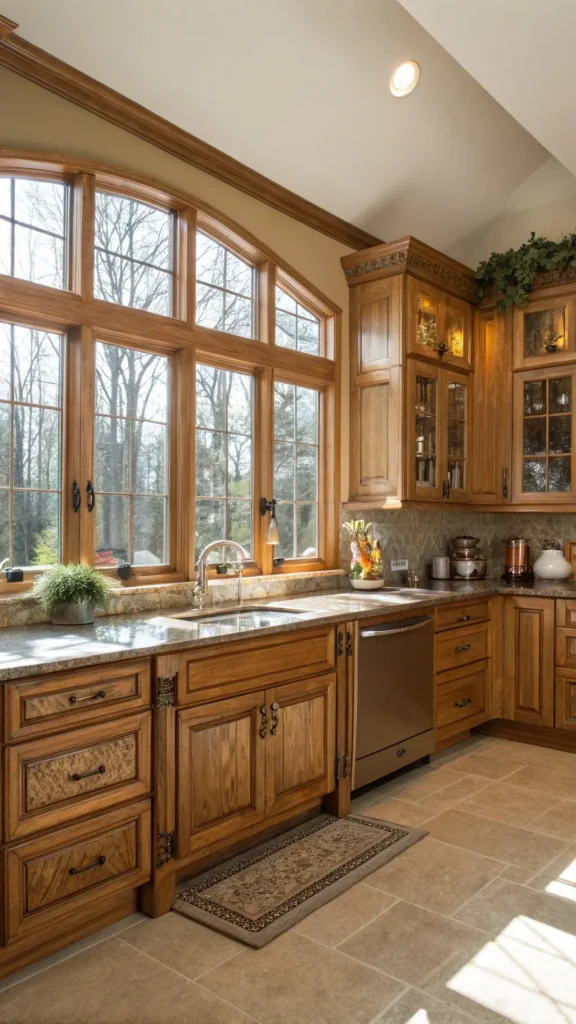 "Sunny traditional kitchen with golden oak cabinets and granite countertops, emphasized by a wide-angle lens at f/4, decorated in classic Americana style with 90s elements."