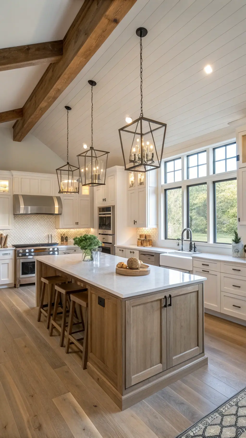 Modern farmhouse style kitchen with white oak cabinets, a waterfall quartz island, pendant lighting, and stainless appliances illuminated by late afternoon light.