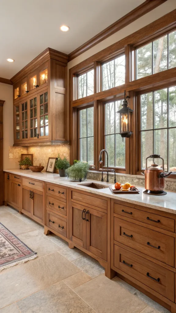 "Traditional kitchen with red oak Shaker-style cabinets, cream marble countertops and vintage copper kettle, bathed in morning light"