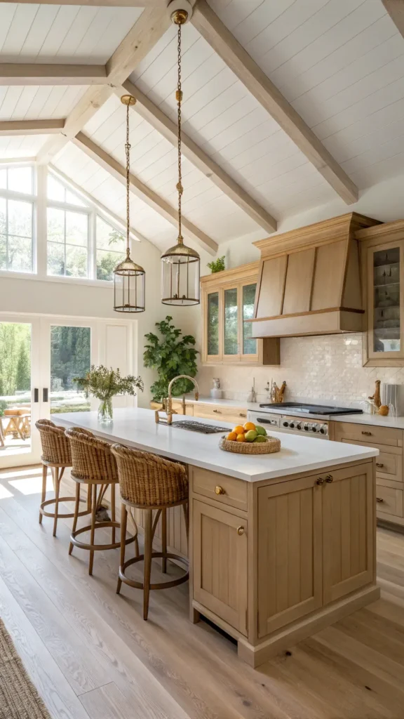 "Sun-drenched kitchen with vaulted ceilings, pale oak shaker-style cabinets, Taj Mahal quartzite countertops, vintage brass pendant lights, and white oak flooring, styled with copper cookware, potted herbs, and cream ceramic vessels at golden hour."