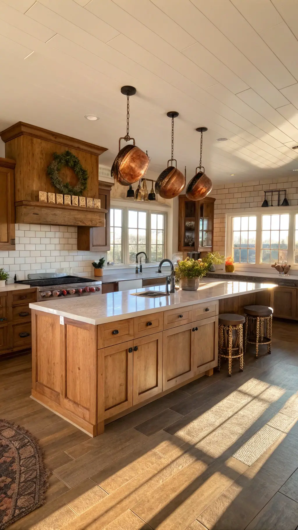Spacious farmhouse kitchen with oak Shaker-style cabinets, butcher block island, vintage copper pots, and weathered leather barstools, basked in warm golden hour light.