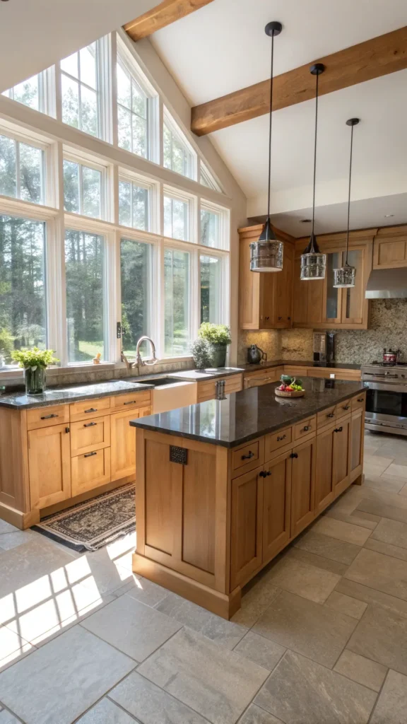 "Spacious kitchen with morning sunlight illuminating maple Shaker-style cabinets, a large soapstone island, stainless steel appliances, and white subway tile backsplash, styled with artisanal ceramics and fresh herbs in copper planters."