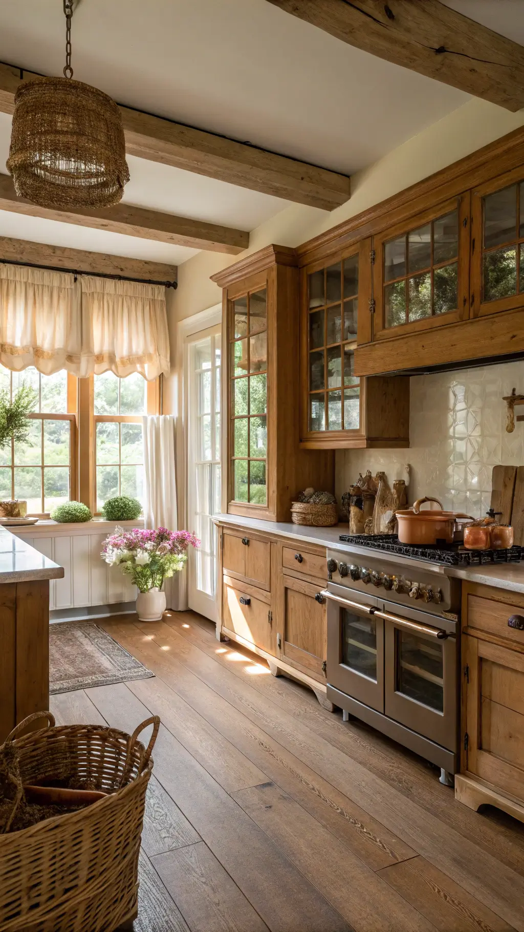 14x16ft farmhouse kitchen with heritage maple cabinets, wide plank oak flooring, professional range, vintage collections, copper cookware, fresh flowers, and woven baskets.