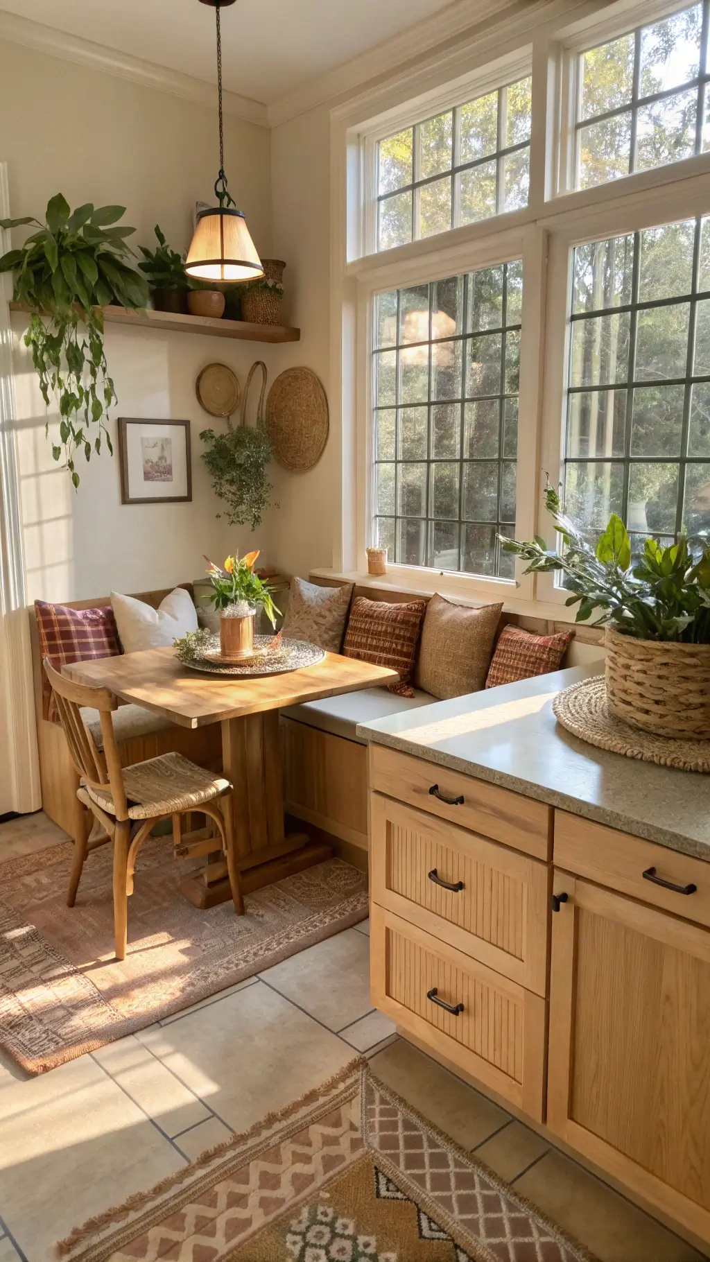 Cozy kitchen nook with light maple cabinets, built-in banquette, vintage pottery, and trailing plants, bathed in afternoon sunlight creating geometric shadows.