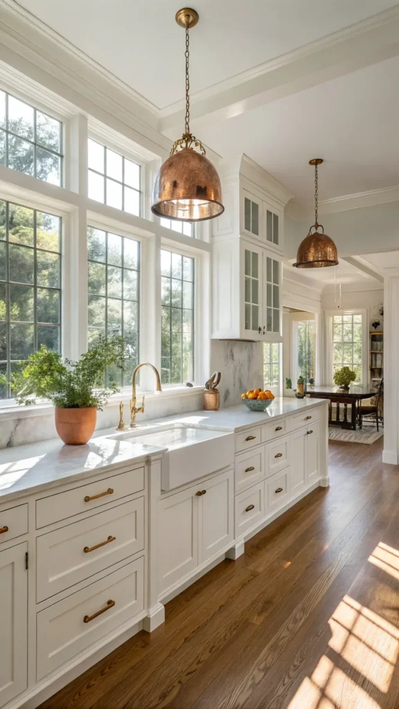 "Spacious kitchen bathed in morning sunlight with alabaster shaker-style cabinets, a large Calacatta marble island, warm white walls, honey oak hardwood floors, vintage copper pendant lights, and styled with ceramic vases, fresh herbs, and a fruit bowl."
