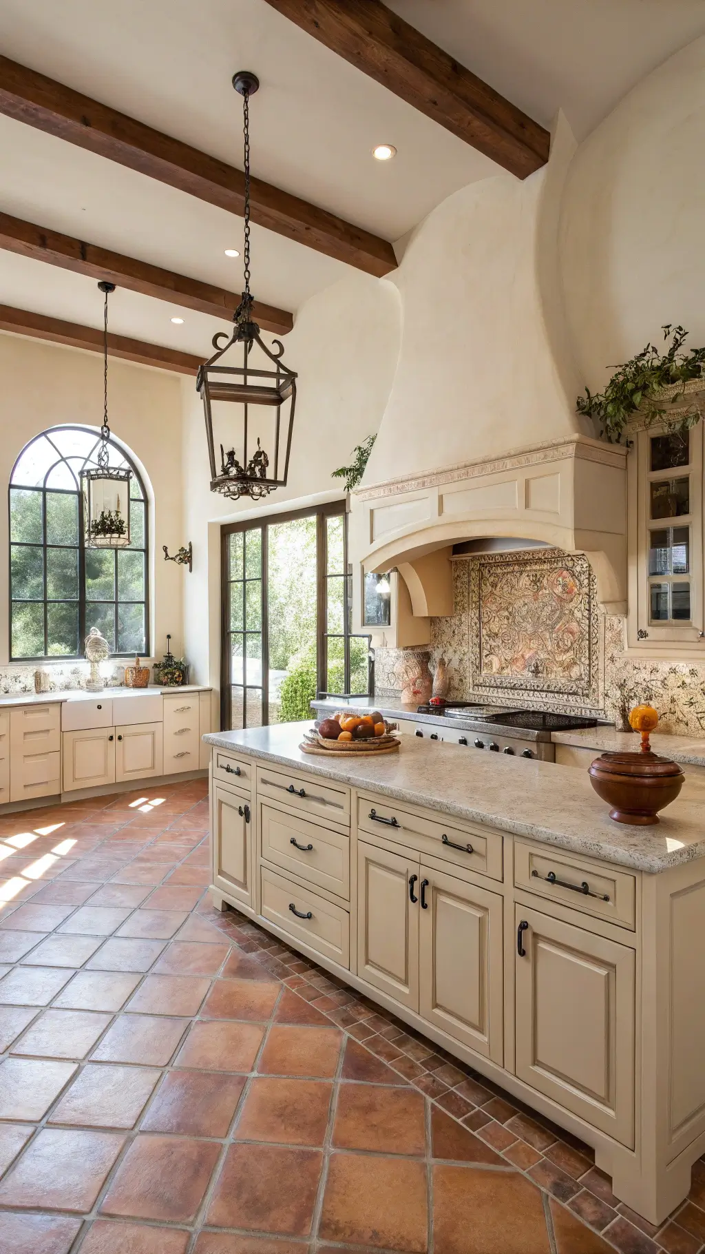 Spacious Mediterranean kitchen with alabaster cabinets, terra cotta floors, wrought iron details, cream zellige tile backsplash, styled with olive branches and vintage cookware, illuminated by natural light from arched windows.