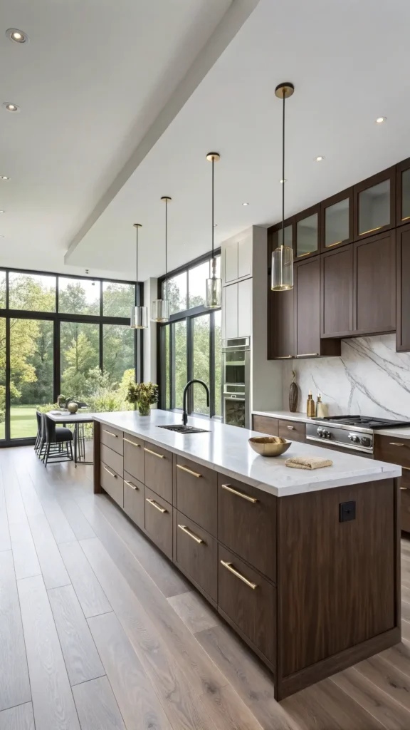 "Modern luxury kitchen with dark walnut cabinets, white quartz countertops, black pendant lights, and wide-plank white oak flooring in morning light."