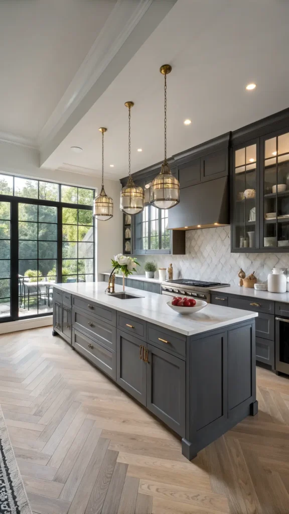 "Modern kitchen with floor-to-ceiling charcoal cabinets, large windows, a centered marble island with brass pendant lights, open shelving with ceramics, and chevron white oak flooring"