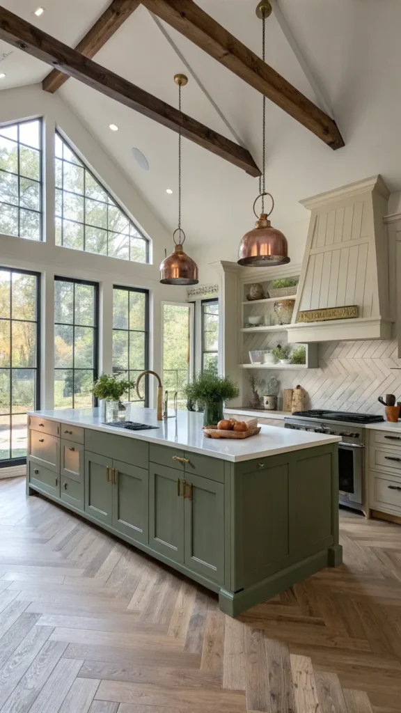 "Modern farmhouse kitchen with morning light illuminating sage green cabinets, marble countertops, white oak herringbone floors, and a center island under vintage copper pendant lights"