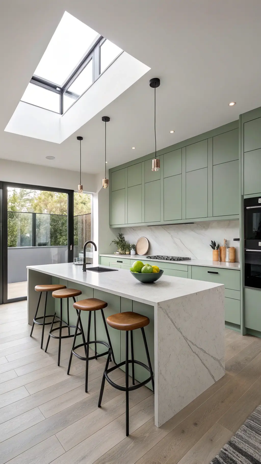 Minimalist contemporary kitchen with flat-panel October Mist green cabinets, crisp white waterfall quartz island, matte black fixtures, light oak and black leather Scandinavian-style bar stools, and floor-to-ceiling windows illuminating the room.