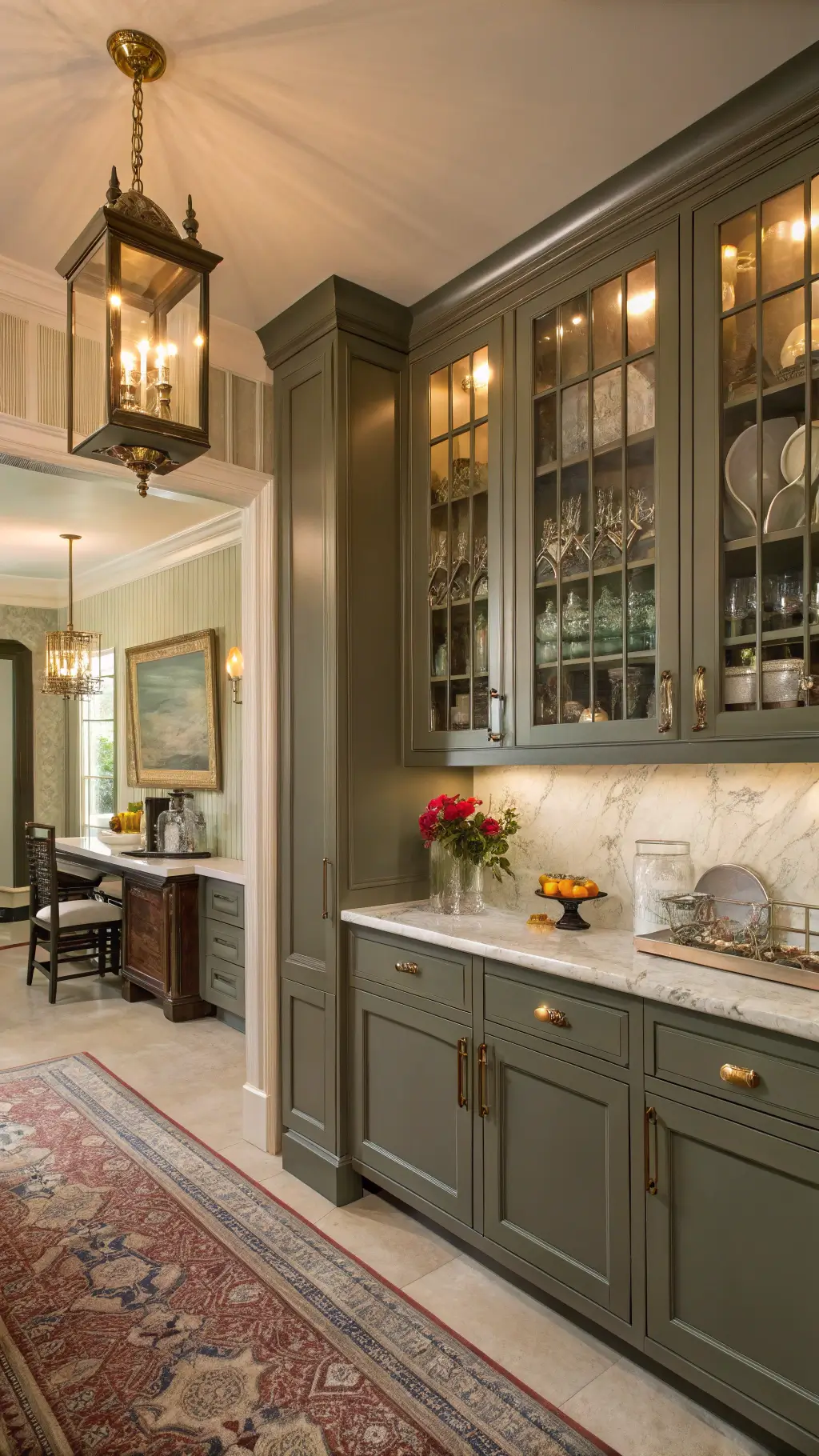 Elegant traditional kitchen featuring pewter green cabinets, Calacatta gold marble counters, antique brass lantern pendants, and a butler's pantry with glass-front cabinets, viewed from the doorway.