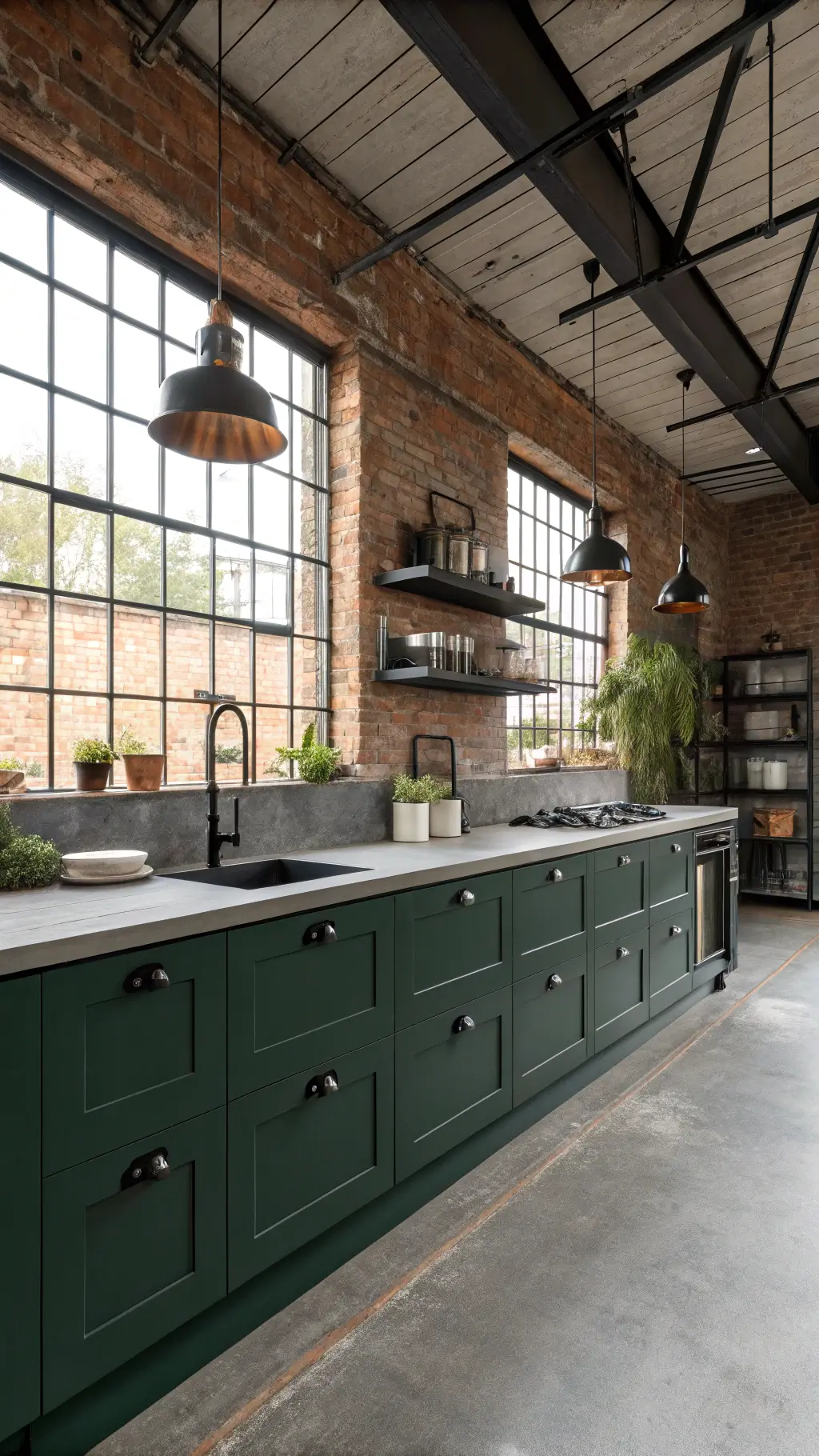 Industrial-modern kitchen with forest green shaker cabinets, exposed brick walls, concrete countertops, and steel-framed windows, styled with potted herbs and an artisan coffee station.