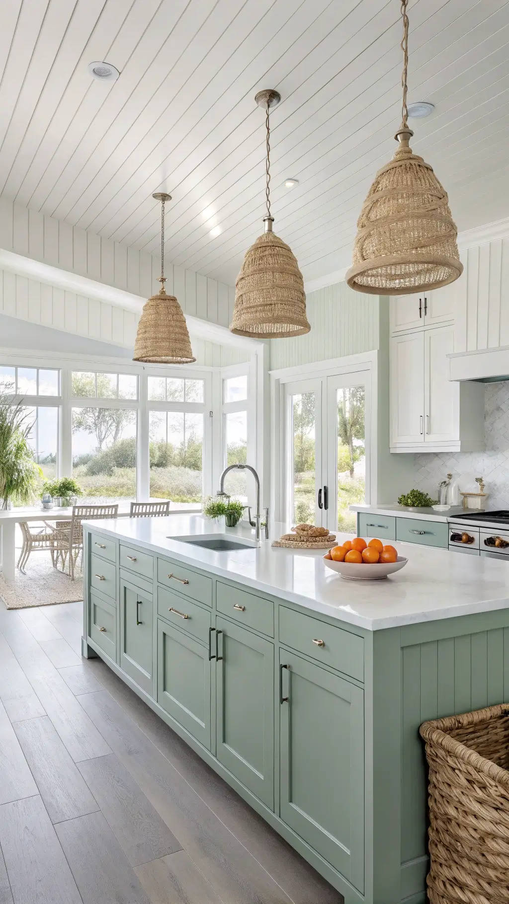 Coastal kitchen with sage green cabinets and quartz countertops, overlooking a garden with natural light, featuring an oak floor, blue-grey island, rattan pendant lights, and casual decor.