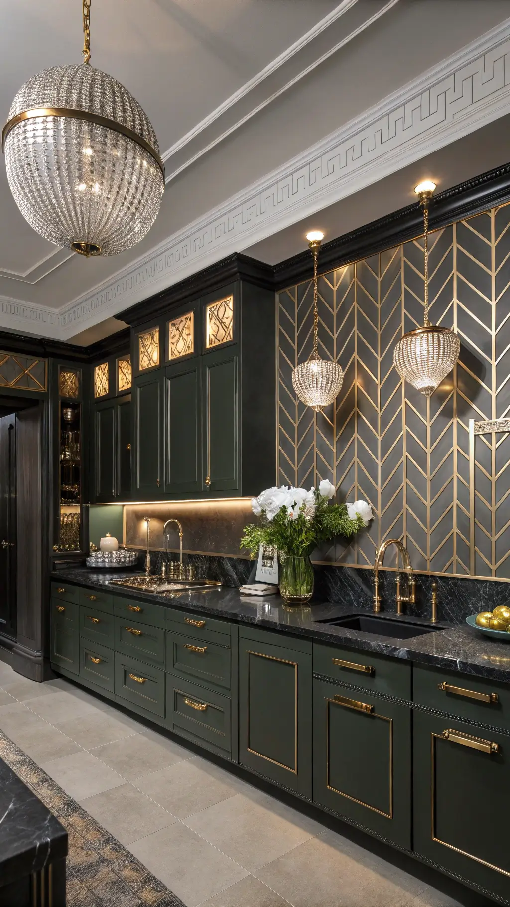 Art deco inspired kitchen with 11-foot ceiling, dark olive green cabinets with brass chevron inlays, black marble counters, mirrored backsplash under crystal globe pendants, highlighted with dramatic lighting and luxe vintage barware decor.