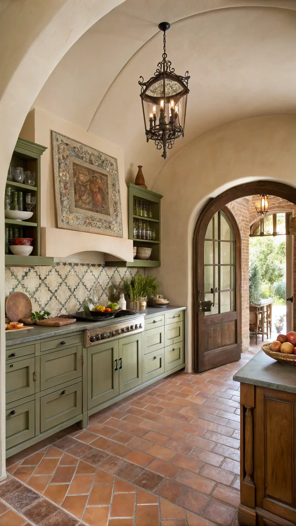 Mediterranean kitchen with olive green cabinets, terracotta tile floor, limestone counters, wrought iron chandelier, and rustic wood open shelving, viewed through an arched doorway under natural and warm light.
