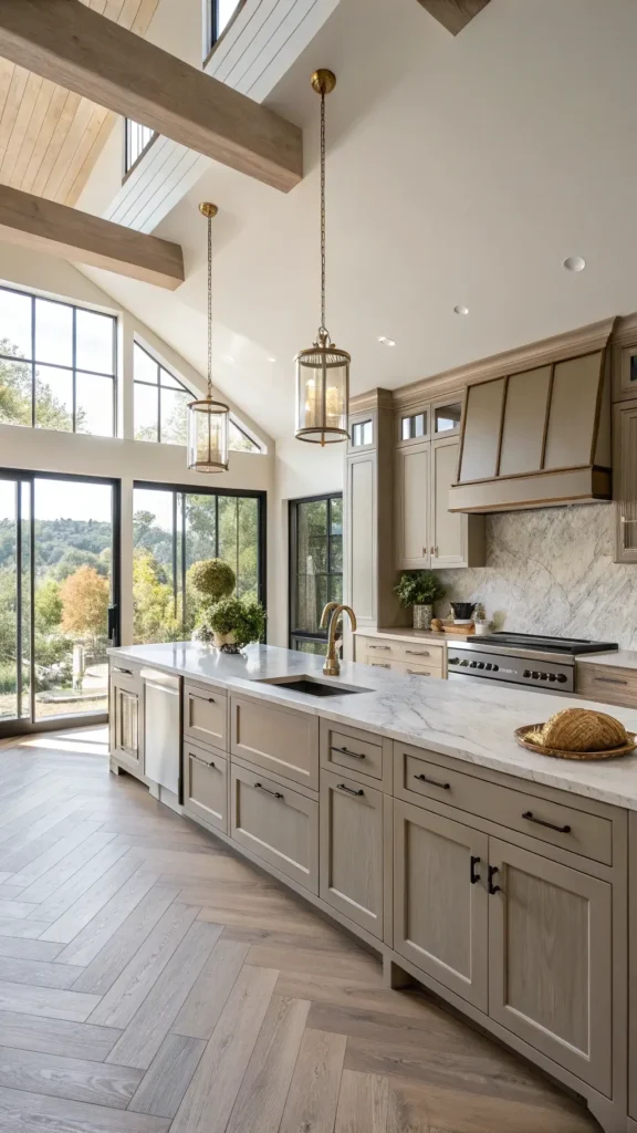 "Contemporary kitchen with taupe Shaker-style cabinets, Carrara marble countertops, center island with brass pendant lights, white oak herringbone floors, and artisanal decor, bathed in morning light from floor-to-ceiling windows."