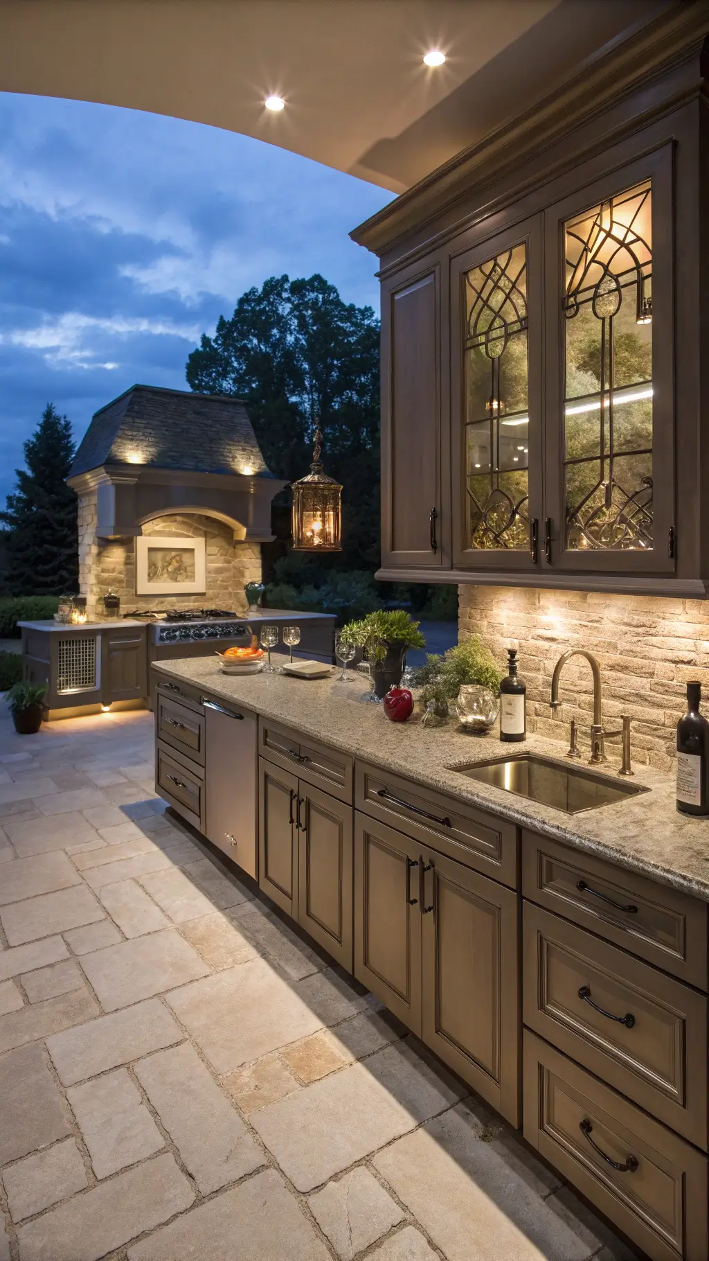 Overhead view of a transitional L-shaped kitchen at dusk with taupe cabinets, granite countertops, antique mirror backsplash, bronze fixtures, and warm accent lighting. Kitchen styling includes crystal decanters, copper mugs and fresh hydrangeas.