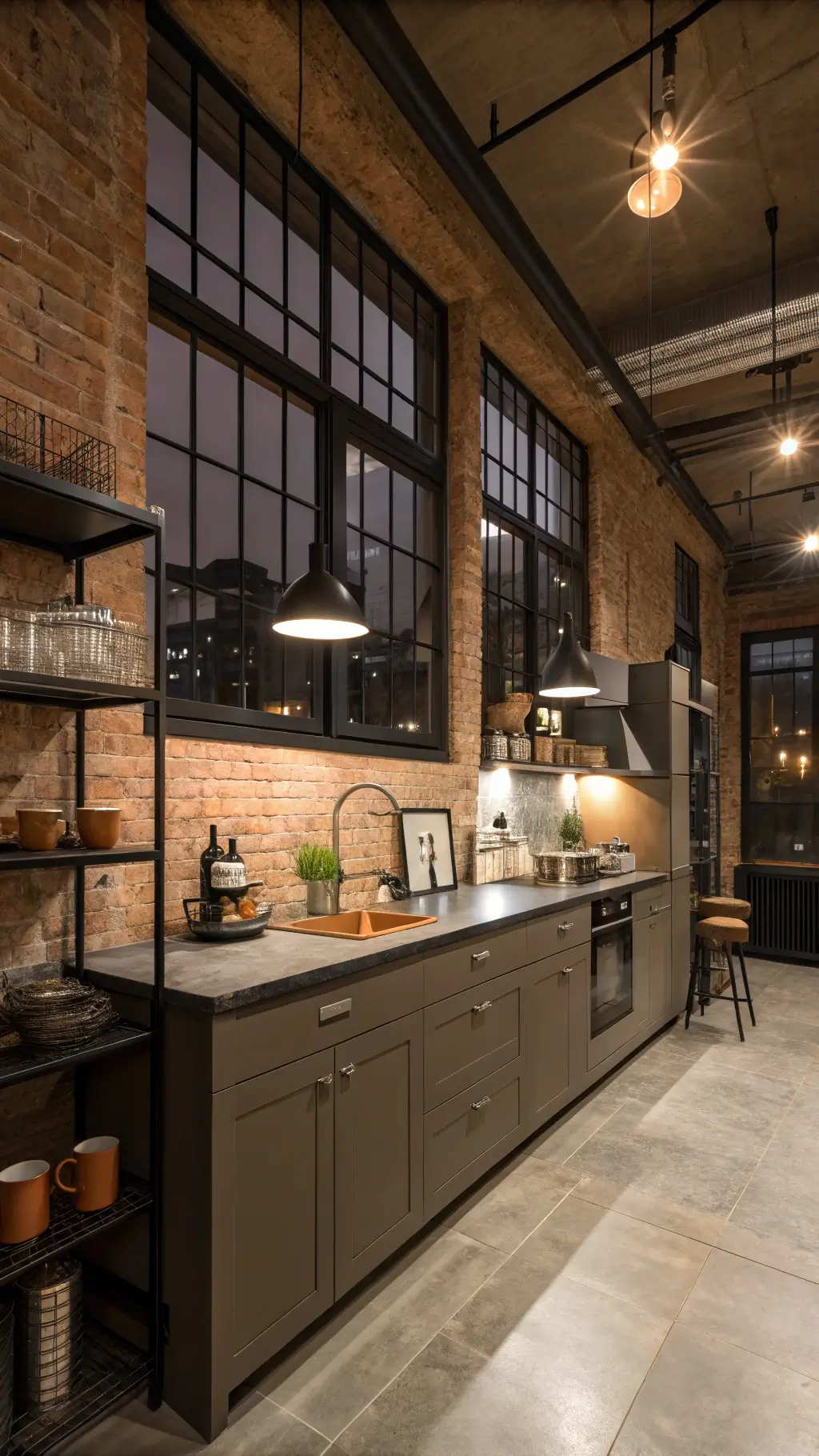 Aerial view of an urban loft kitchen at night featuring deep taupe cabinets, polished concrete countertops, exposed brick wall with industrial pendants, black steel open shelving, vintage bar cart, geometric pottery, and copper Moscow mule mugs, lit by strategic spotlighting and outside urban glow.